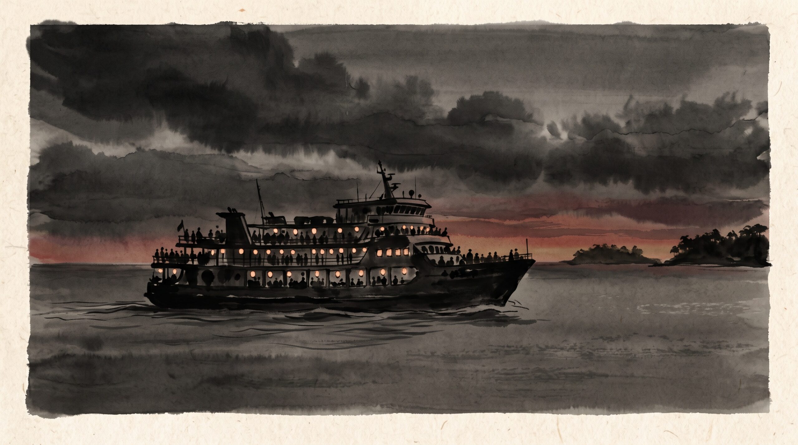 A crowded passenger ferry glowing with light on a calm sea at dusk, painted in a minimalist sumi-e style