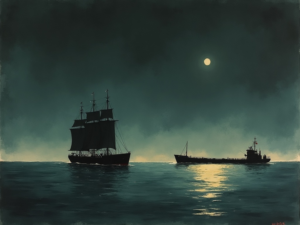 Two ships on a collision course in a dark strait at night, rendered in minimalist ink wash