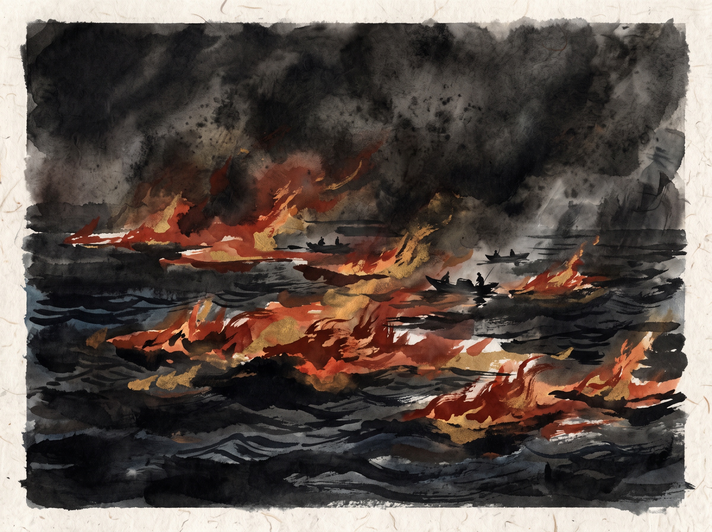A night sea covered in burning oil under a smoke-darkened sky, painted in a restrained sumi-e style