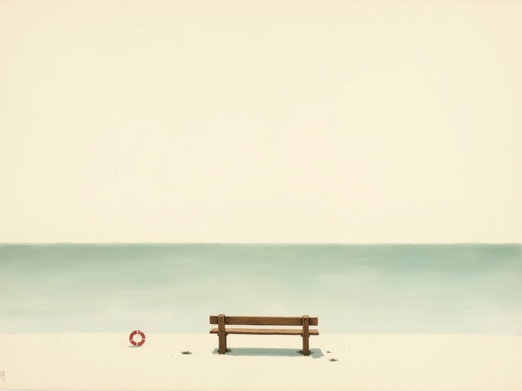 An empty bench and a lifebuoy against a pale dawn sea, evoking mourning and absence