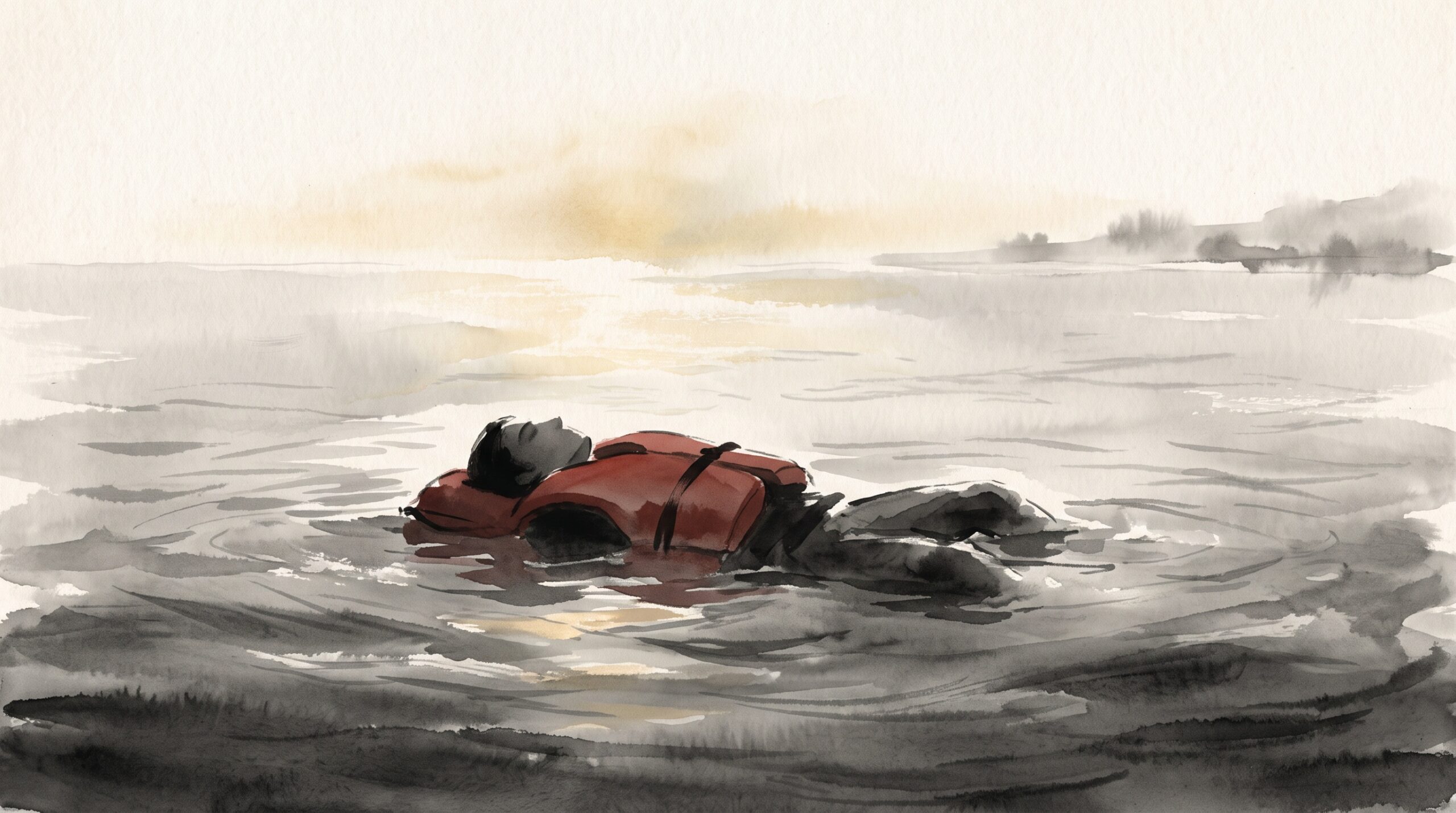 An ink-wash impression of a body in a life jacket adrift on a calm sea at dawn near a distant shore