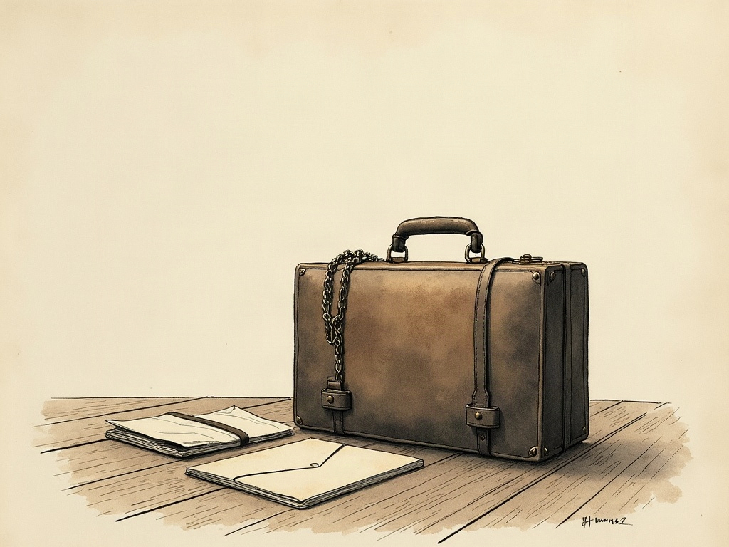An ink illustration of a chained leather briefcase beside a sealed envelope on a table