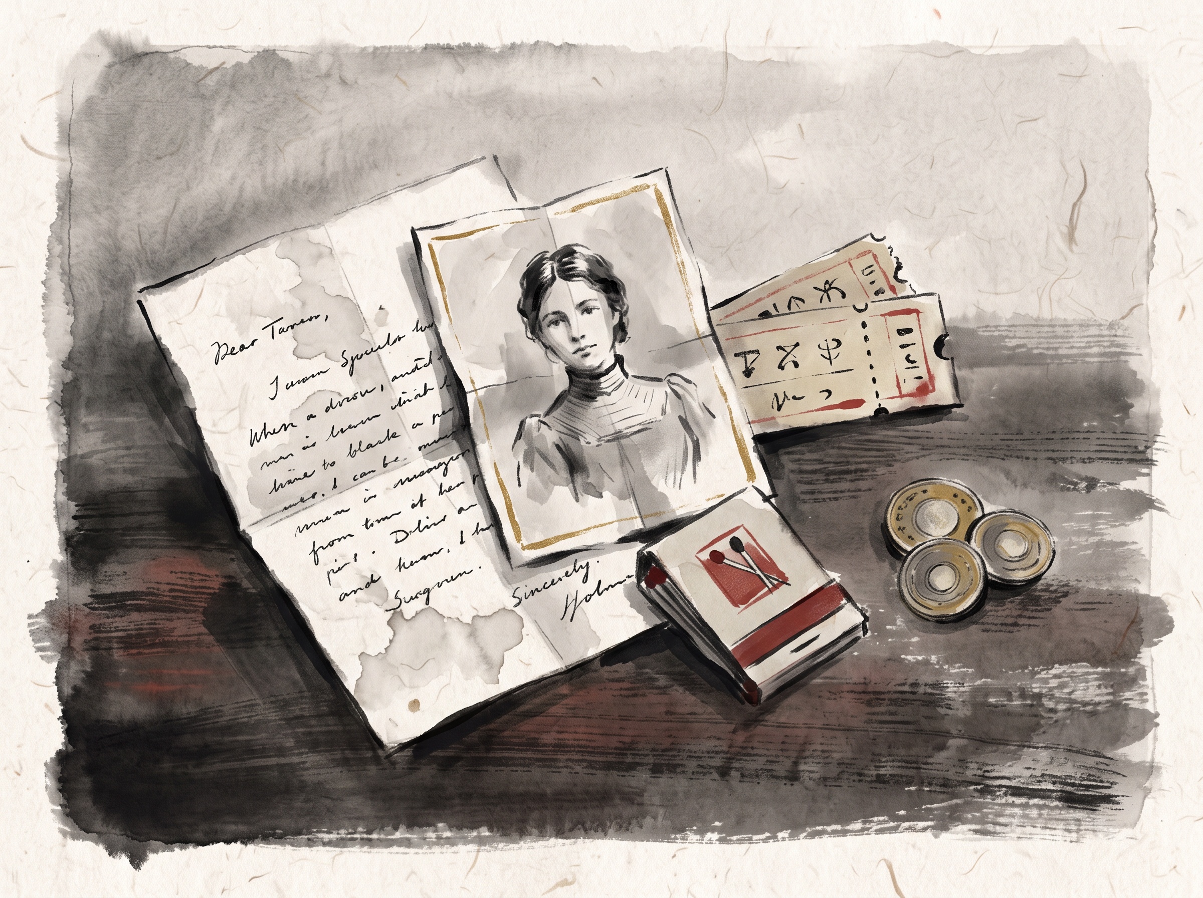 An ink-style still life of a dead man's wallet contents: a letter, a photograph, ticket stubs and coins
