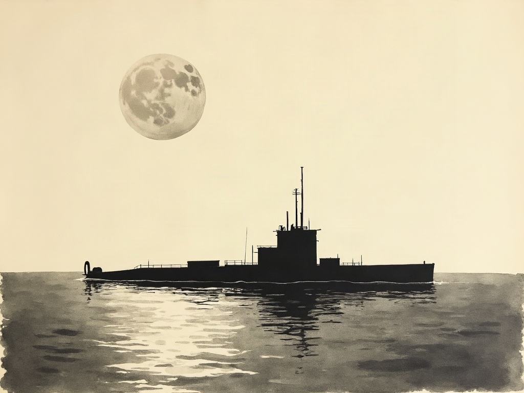 An ink-wash silhouette of a surfaced World War II submarine on a moonlit sea at night