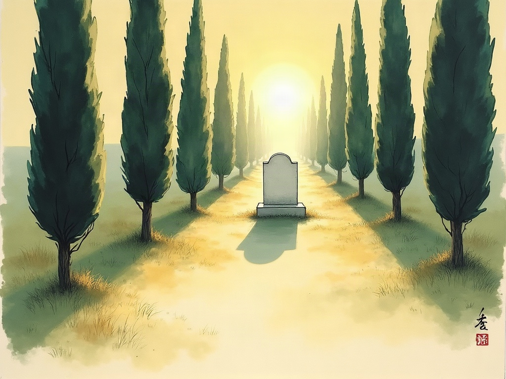An ink-wash scene of a single white headstone among cypress trees in a quiet Spanish cemetery