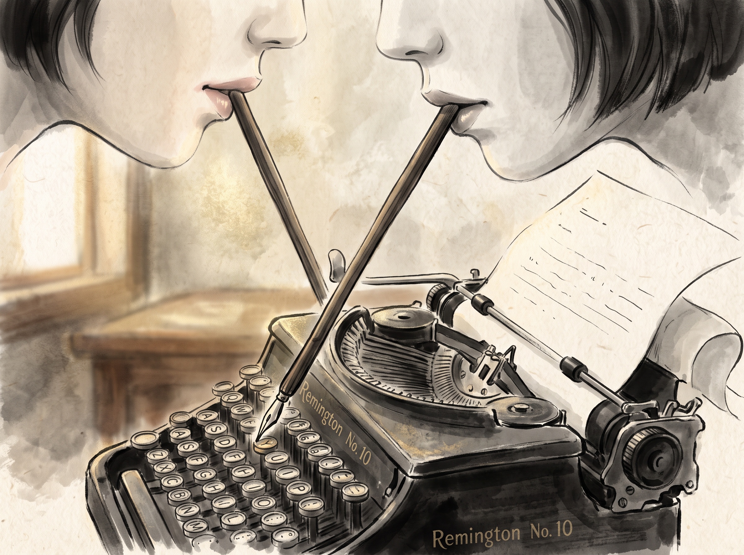 An ink illustration of a mouth-held stick with a pen tapping the keys of a typewriter, a sheet of paper in the roller
