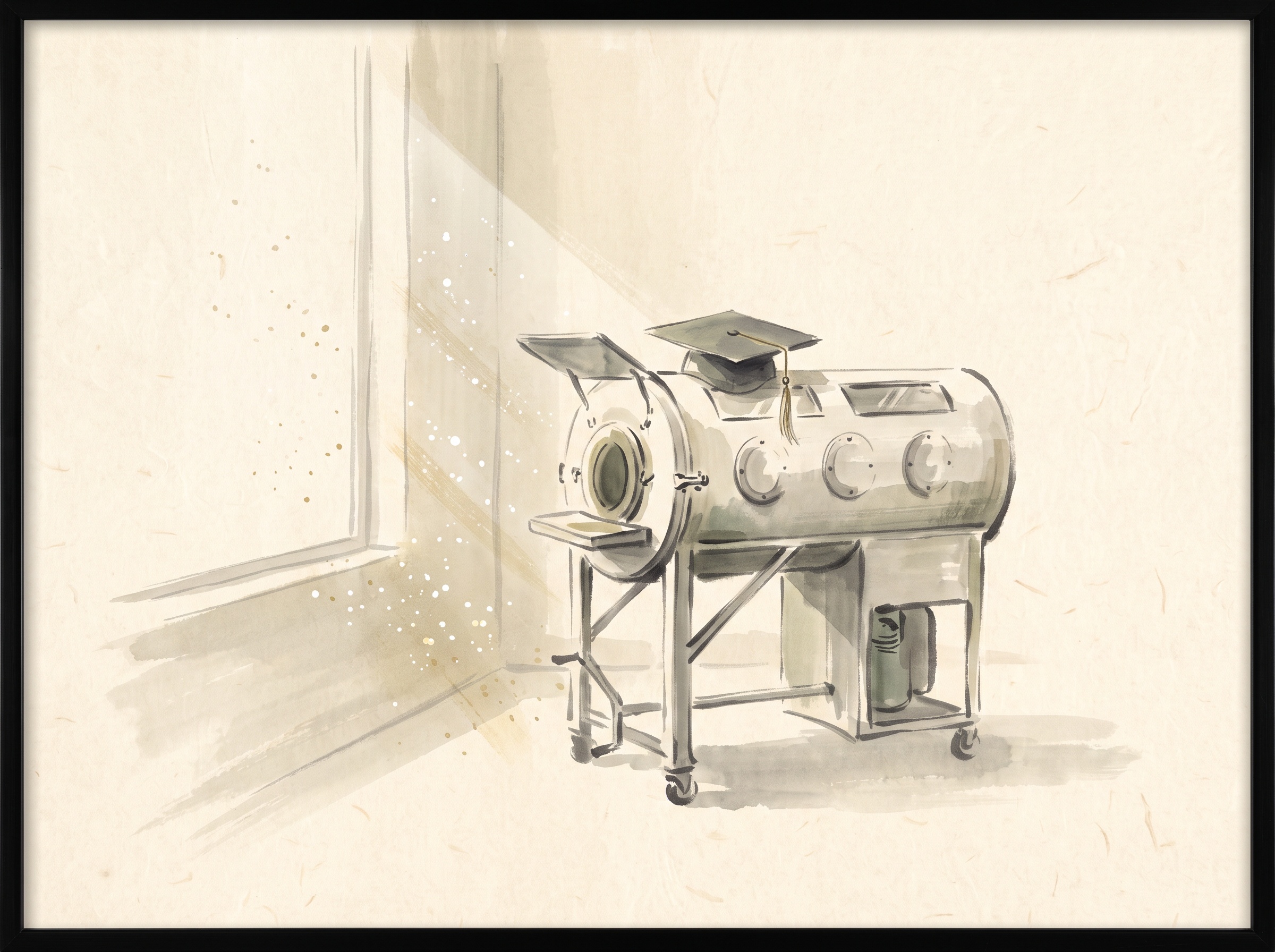 An ink-wash scene of a graduation cap resting on top of an iron lung machine in a sunlit room