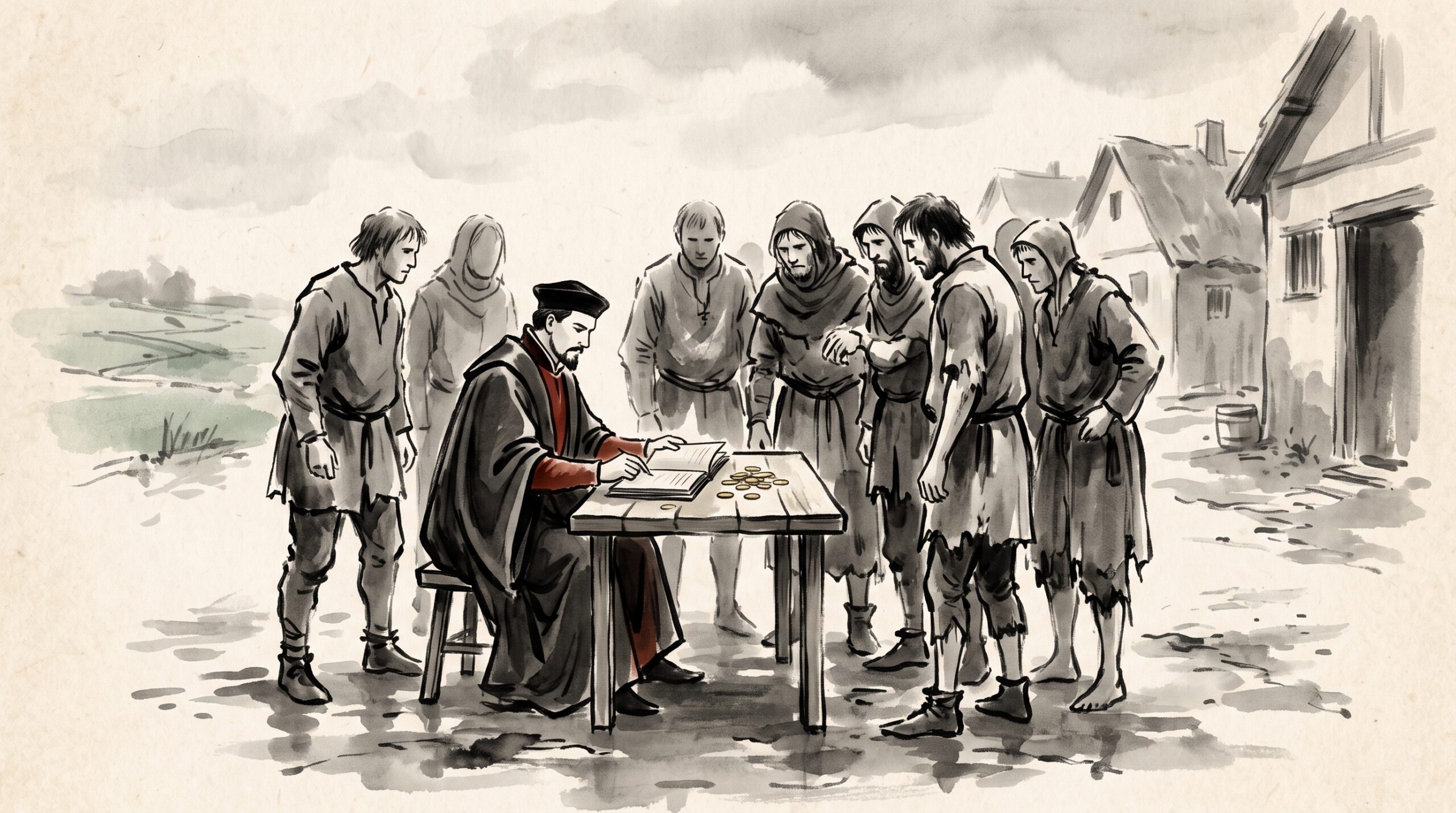 Ink-wash painting of a royal official with a ledger and coins surrounded by grim villagers in a muddy lane