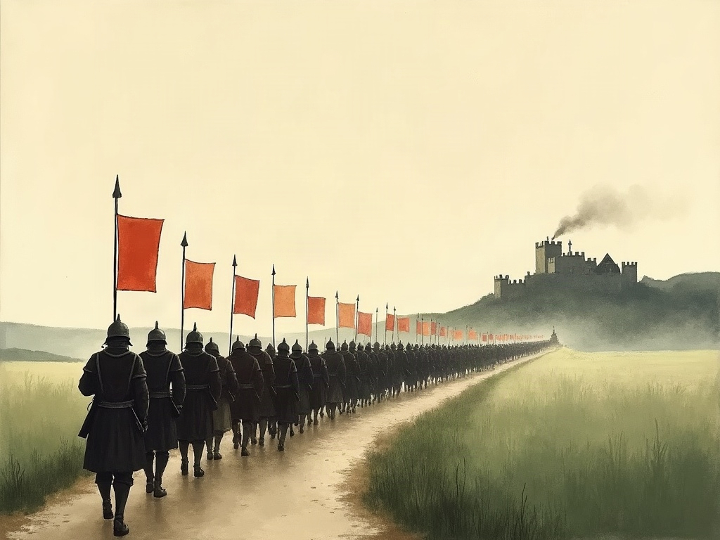 Ink-wash of a column of armed commoners marching along a road toward a distant walled city