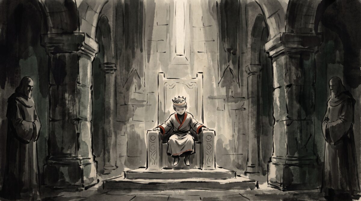 Ink-wash painting of a small crowned boy alone on a large throne in a dim stone hall