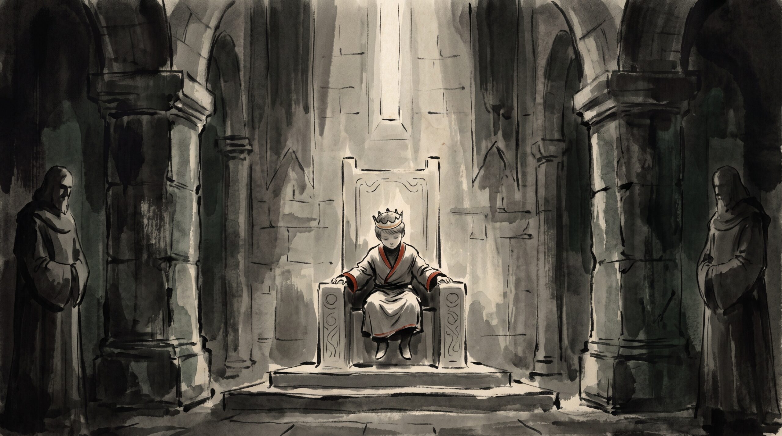 Ink-wash painting of a small crowned boy alone on a large throne in a dim stone hall