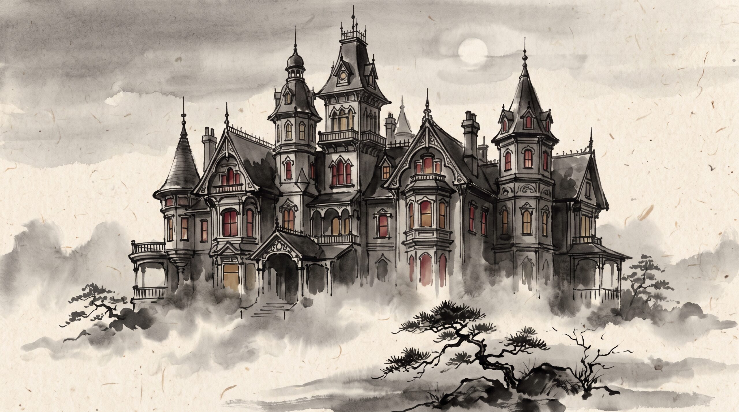 An ink-wash impression of a vast, sprawling Victorian mansion with many turrets and gables rising against an evening sky