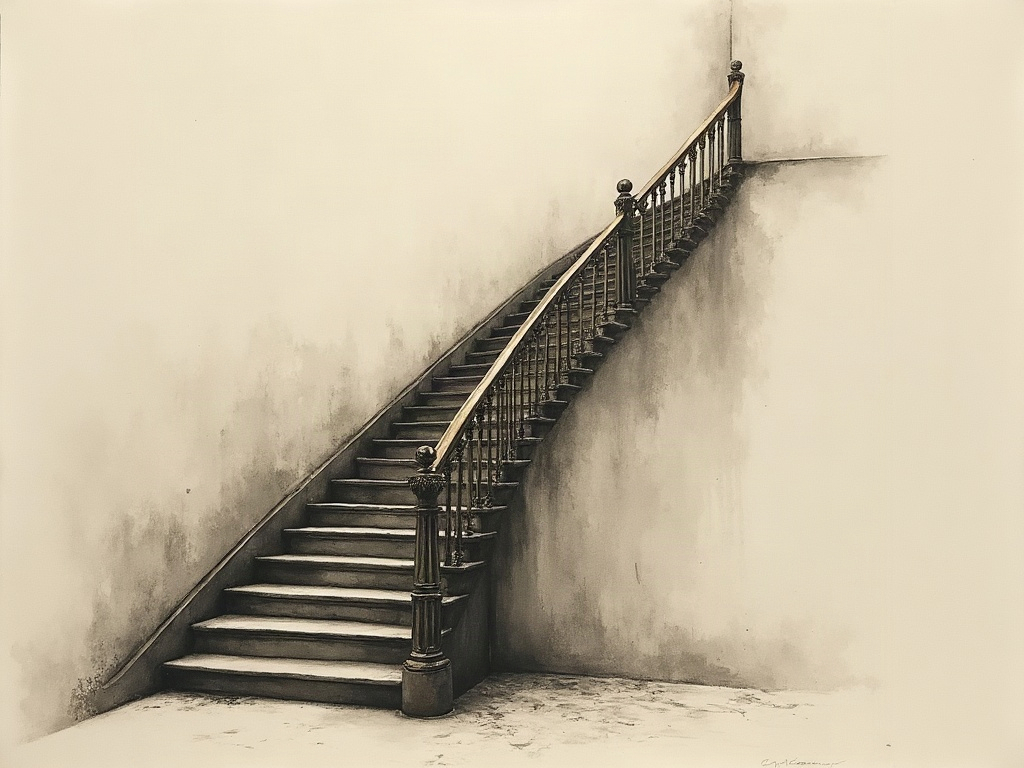 An ink-wash scene of an ornate wooden staircase climbing up and ending abruptly at a blank ceiling