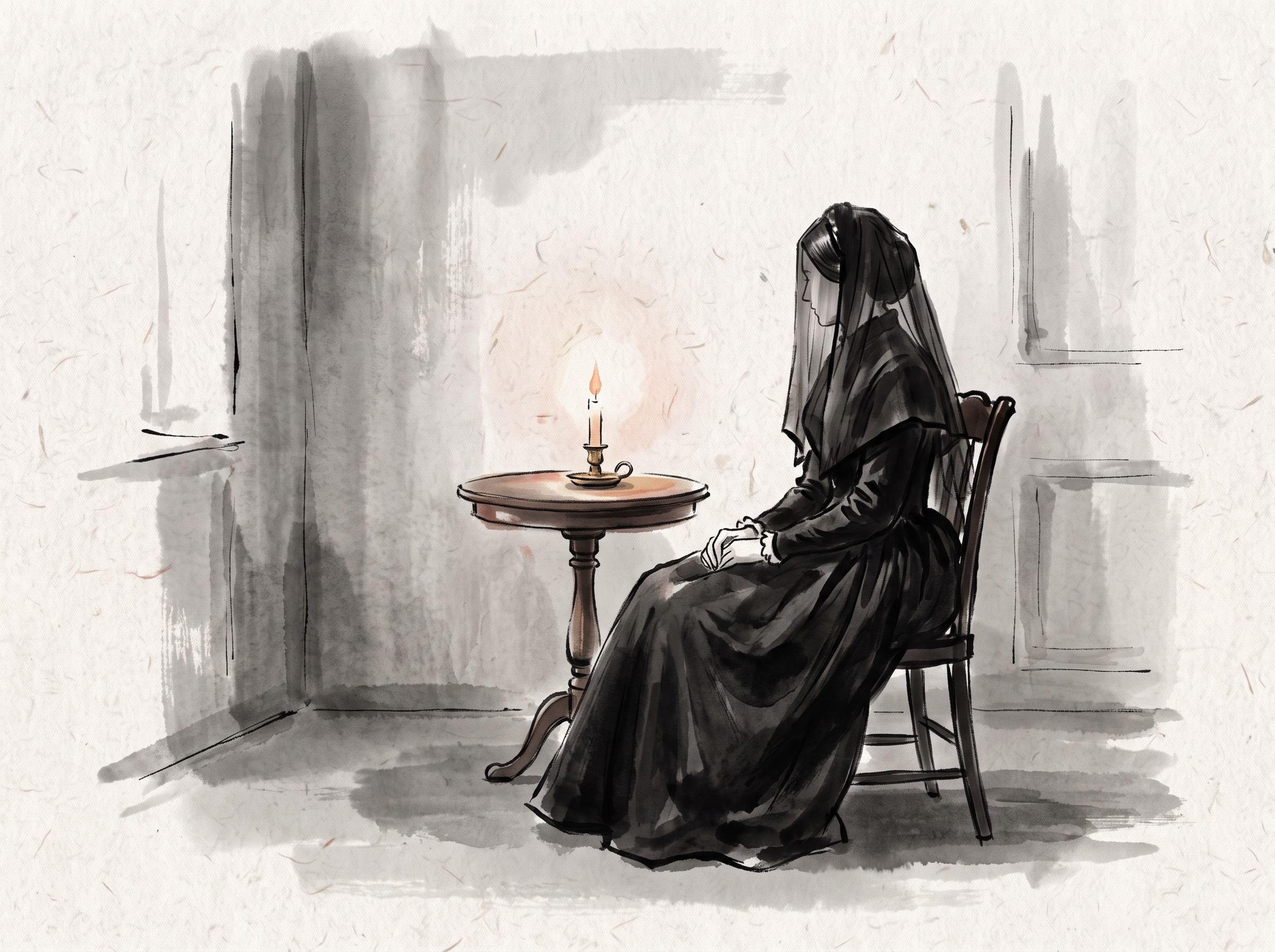 An ink illustration of a veiled woman in mourning dress seated alone in a candlelit room