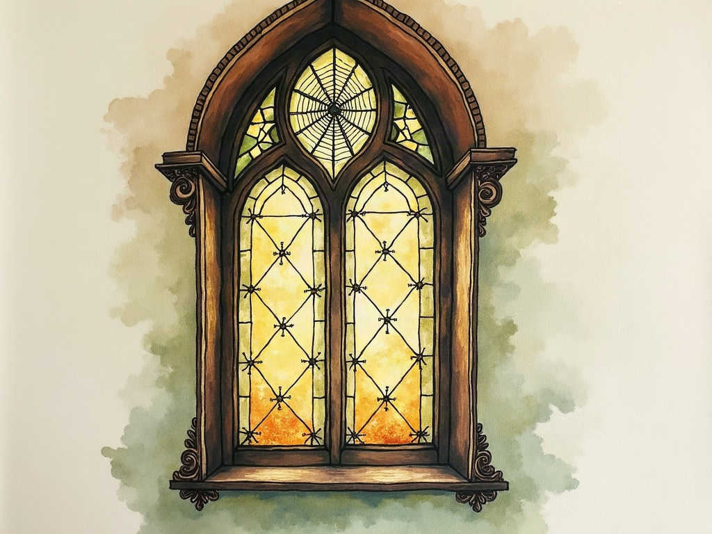 An ink illustration of an ornate stained-glass window featuring a spider-web pattern and the recurring number thirteen