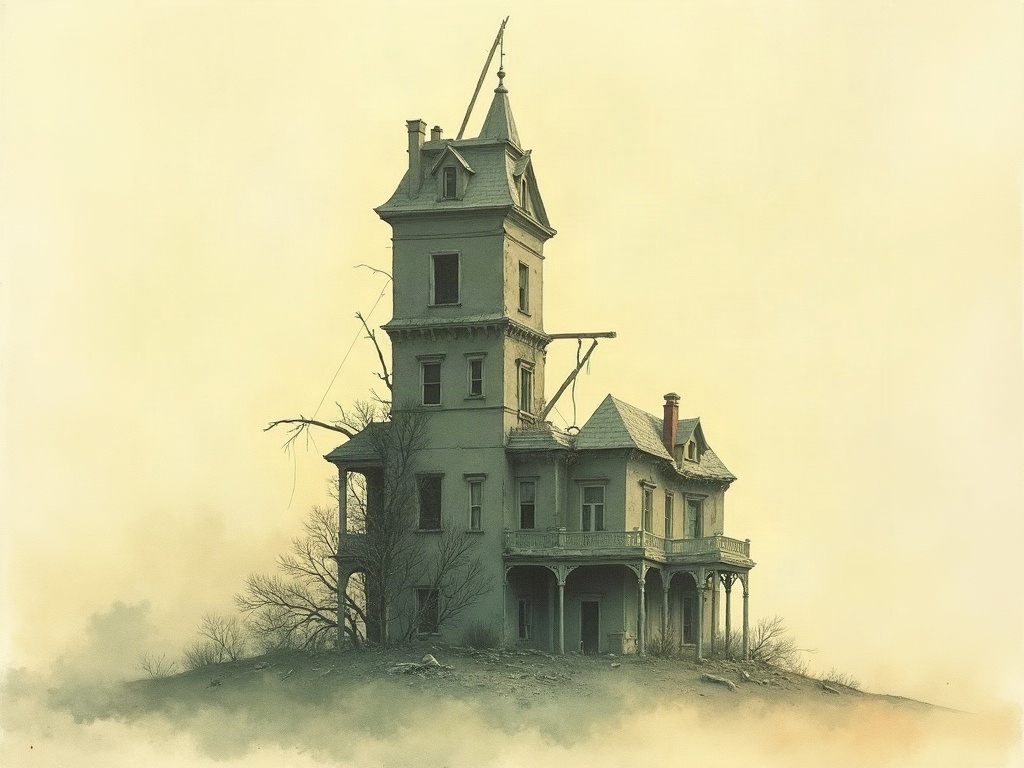 An ink-wash scene of the upper floors and tower of a Victorian mansion partly collapsed after an earthquake