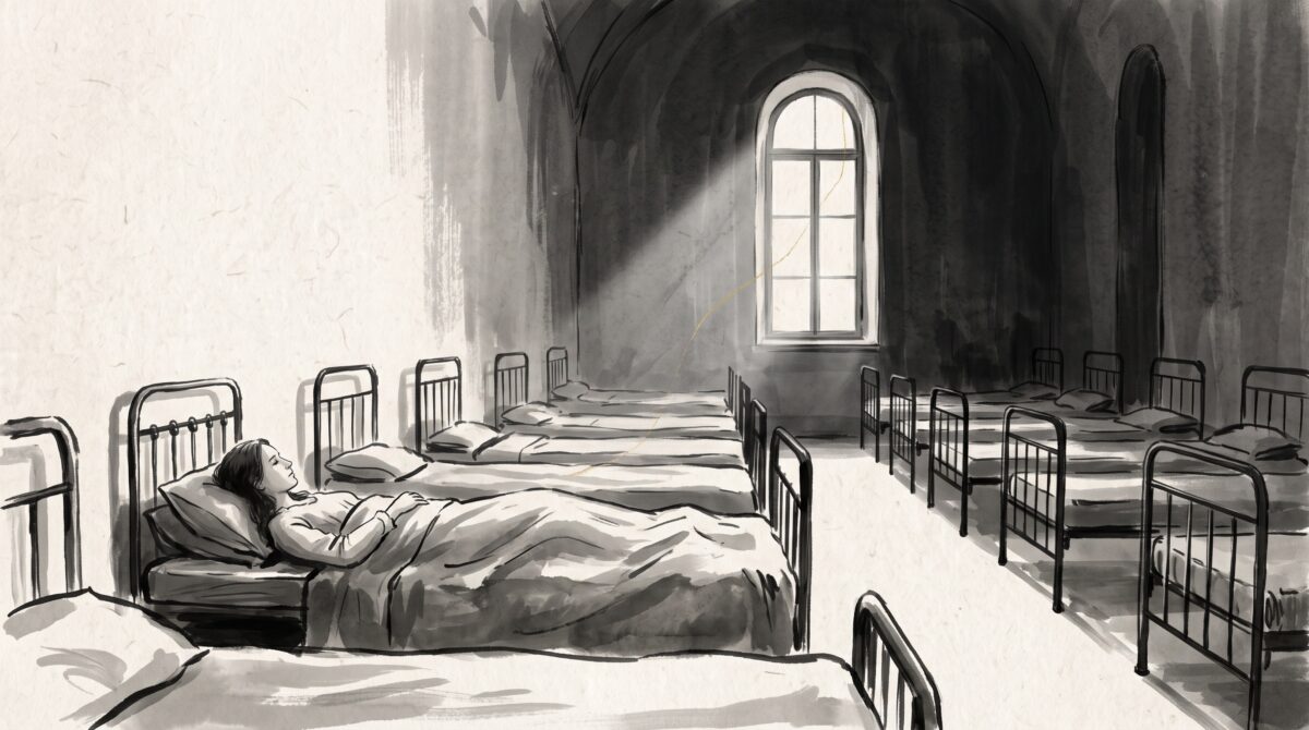 A lone mother in a narrow bed in a shadowy 19th-century hospital ward lit by a single window, in minimalist ink style