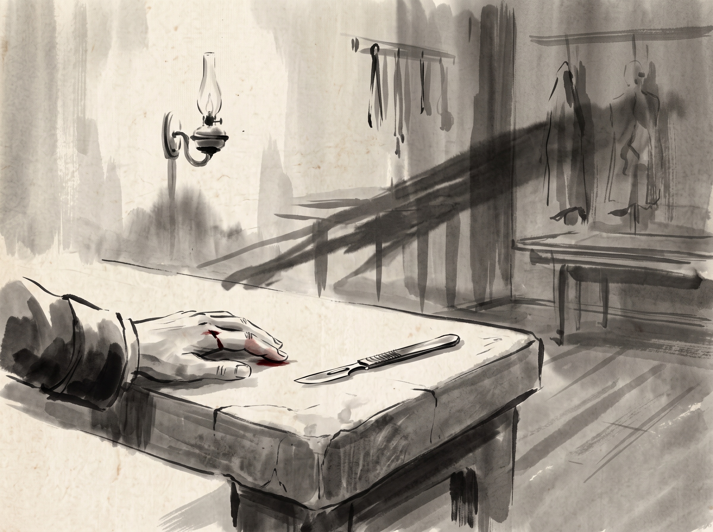 A single scalpel and a physician's cut hand in a shadowy gaslit dissection room, minimalist ink style