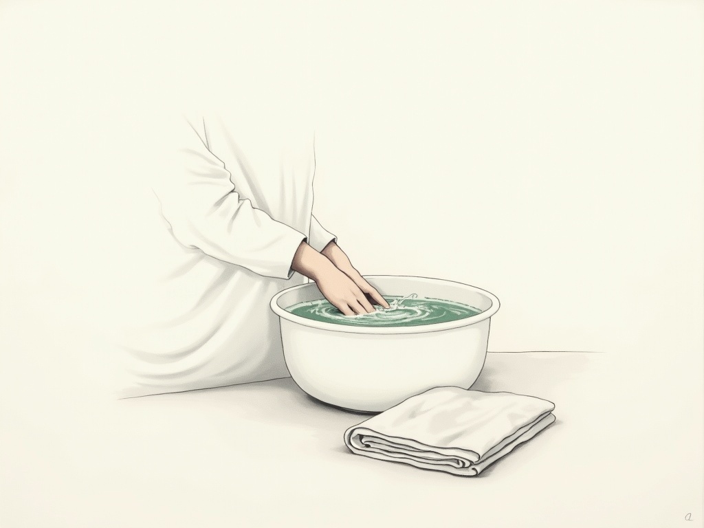 A doctor's hands washing in a white basin of cloudy chlorinated water beside folded linen, minimalist ink style