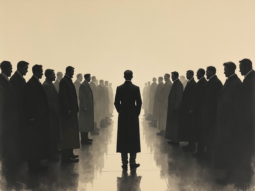 A lone physician facing a row of indistinct men who turn away from him in a cold lecture hall, minimalist ink style