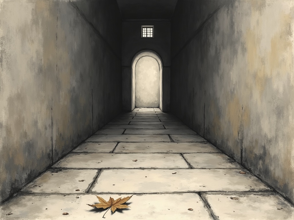 An empty stone asylum corridor with a single high barred window and a fallen leaf on the floor, minimalist ink style
