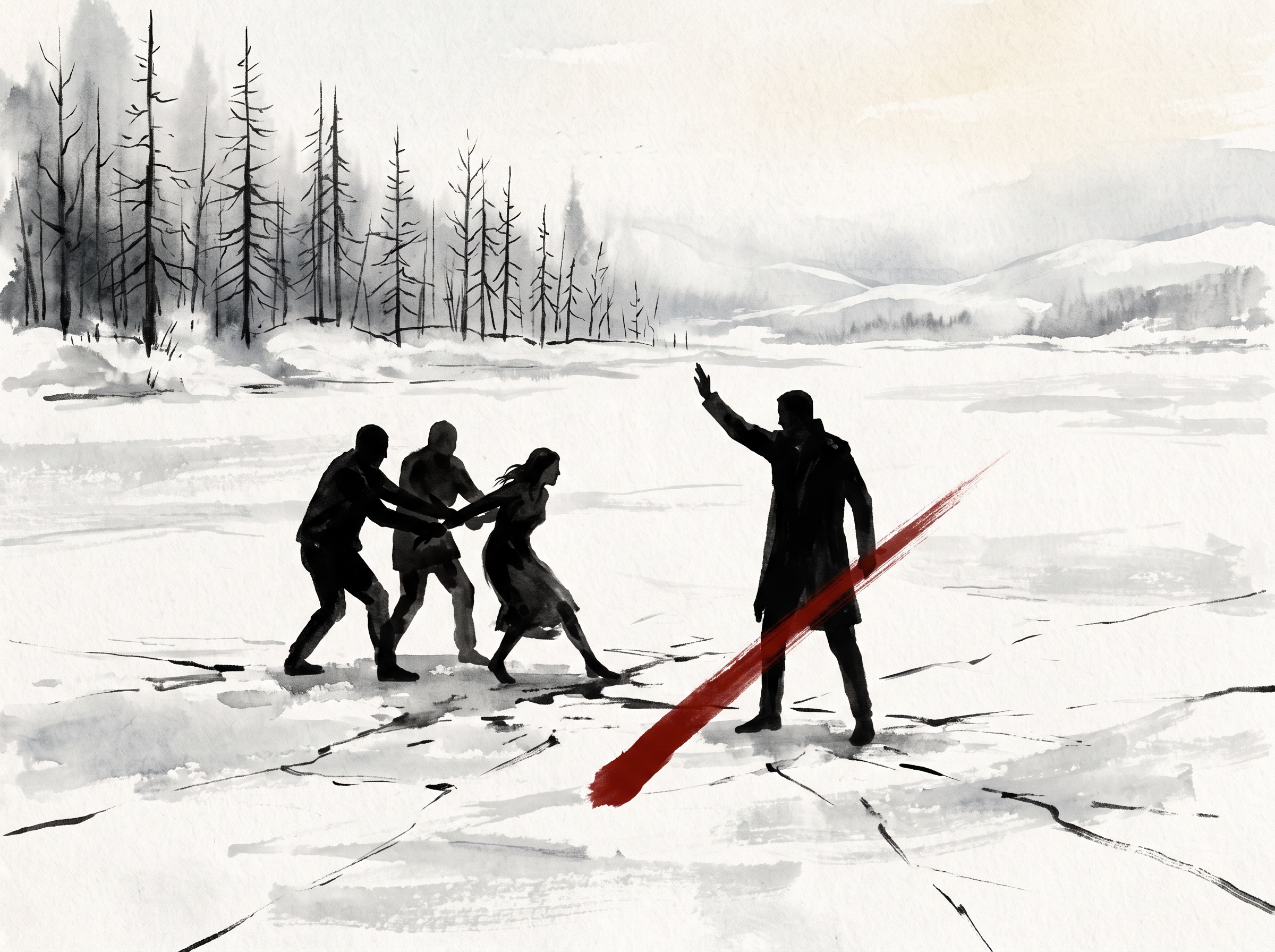 Dark figures pulling a lone woman across a frozen lake while a tall figure steps between them with a raised arm
