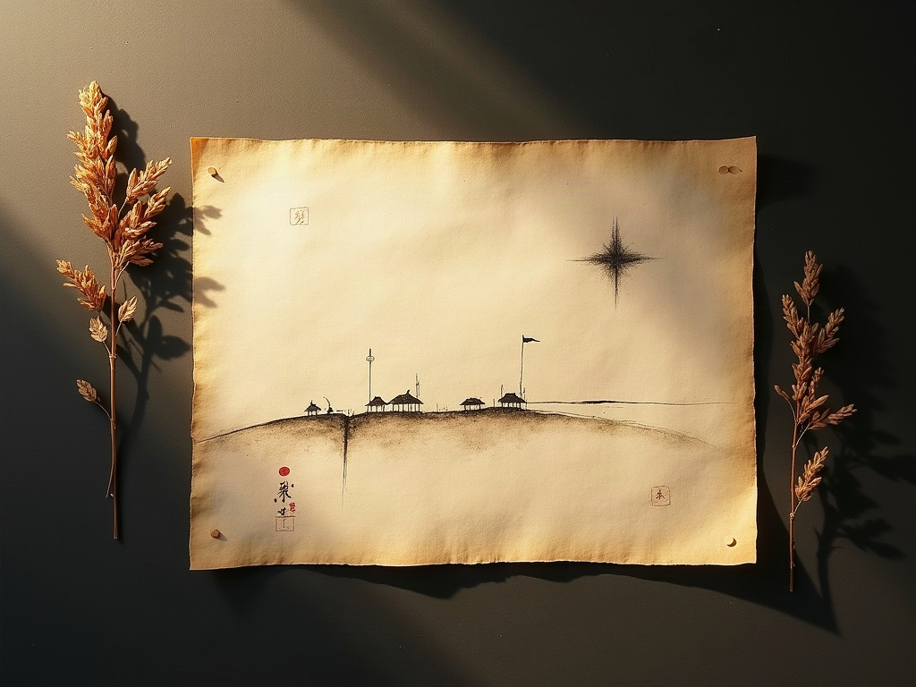A single sheet of aged paper bearing a faint hand-drawn map and simple line figures, with a dried sprig laid beside it