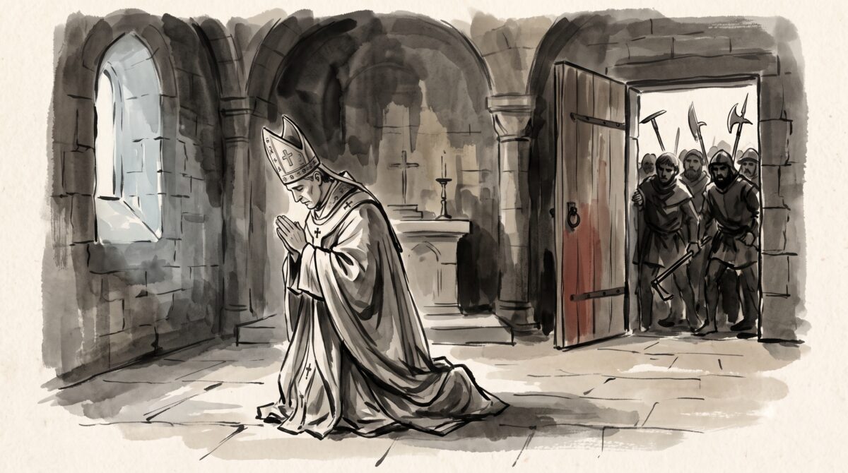 Ink-wash painting of a mitred archbishop kneeling in prayer as armed rebels crowd through a fortress doorway behind him