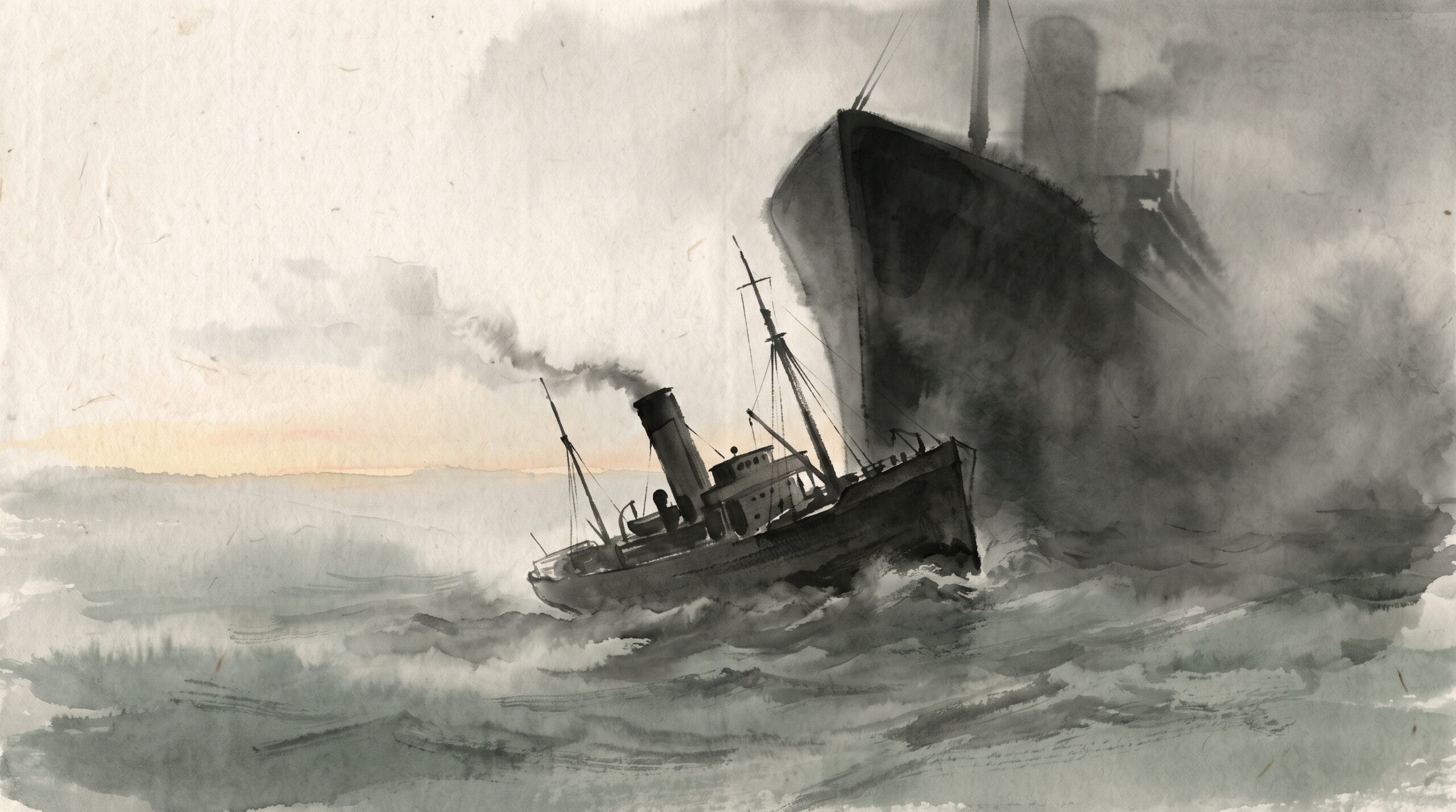 A steamship listing steeply in a cold foggy sea before dawn with a larger ship's bow looming behind it