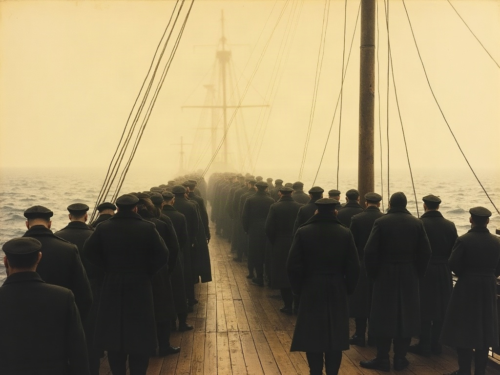 Silhouetted rows of uniformed men standing quietly on the deck of a troopship at dawn