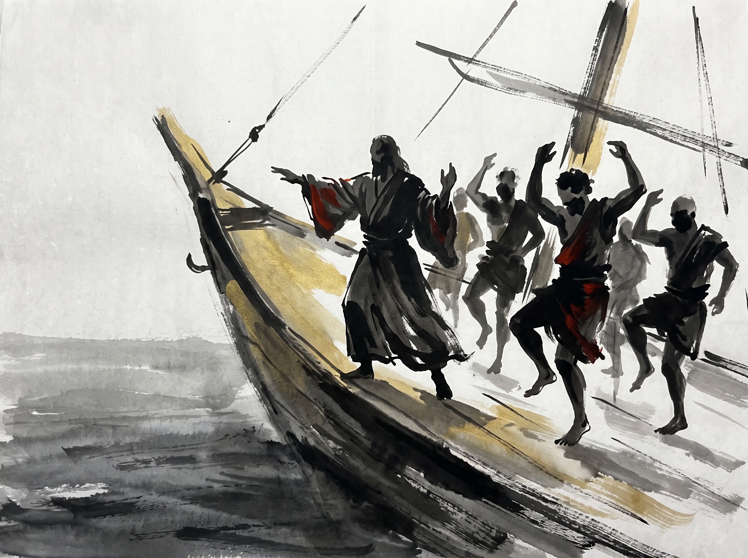 Barefoot men raising their arms mid-dance on a steeply tilting ship deck as a robed figure leads them