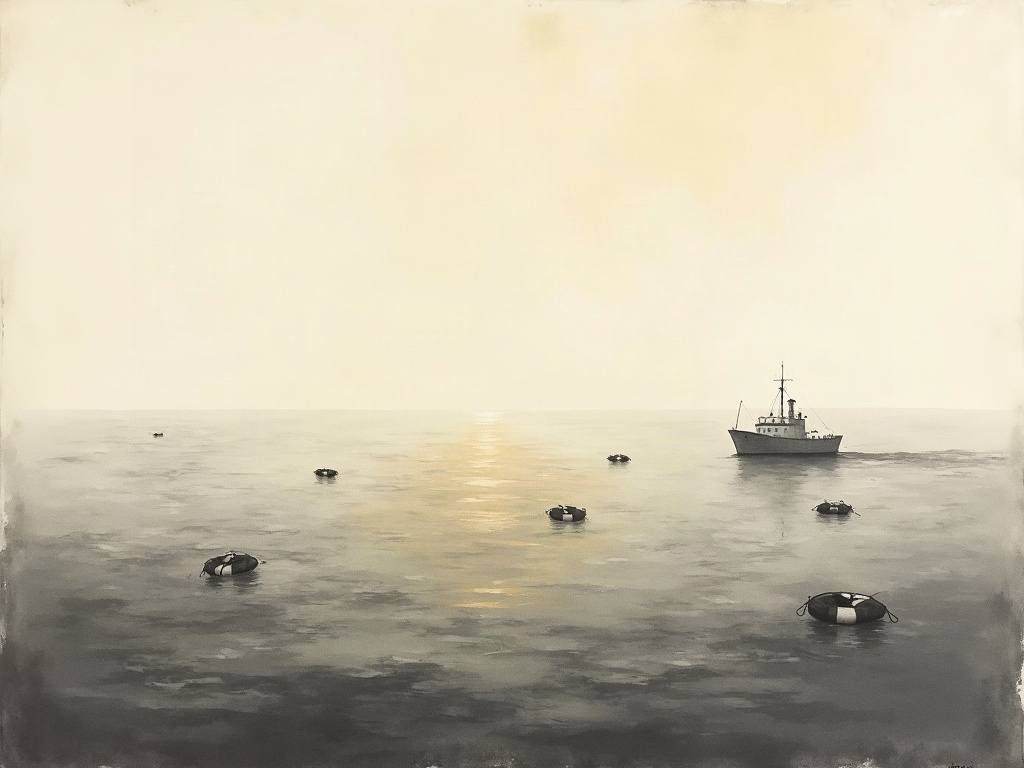 A vast empty grey sea after a shipwreck with lifebelts drifting and a distant ship standing off on the horizon