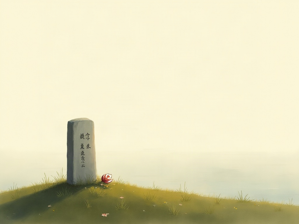 A simple stone memorial on a grassy headland above a calm sea at dawn with flowers laid at its base