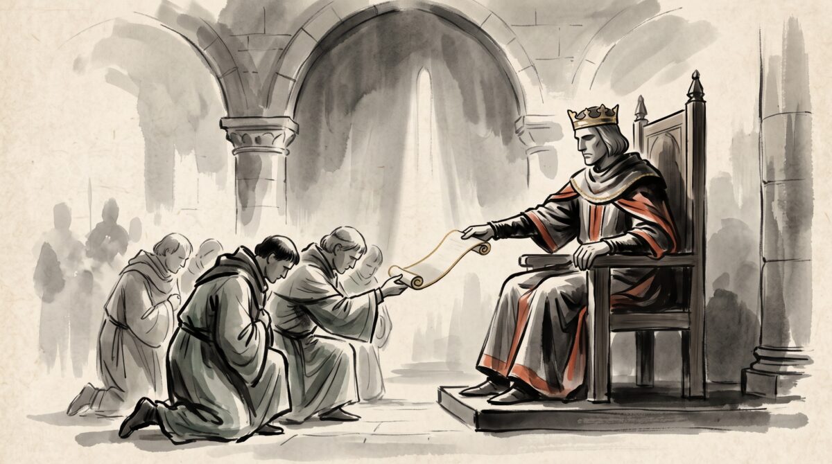 Ink-wash painting of a medieval king handing a rolled parchment law to kneeling clerks in a great hall
