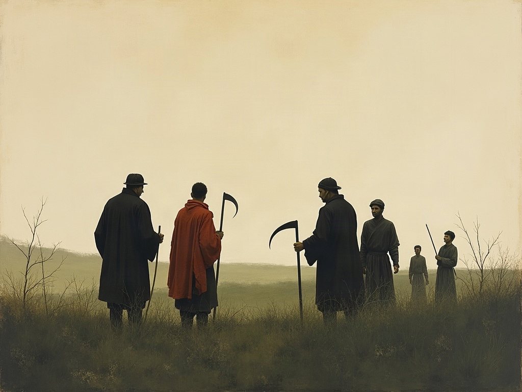 Ink-wash of a medieval labourer seized by two bailiffs in a field, his scythe fallen, other workers watching