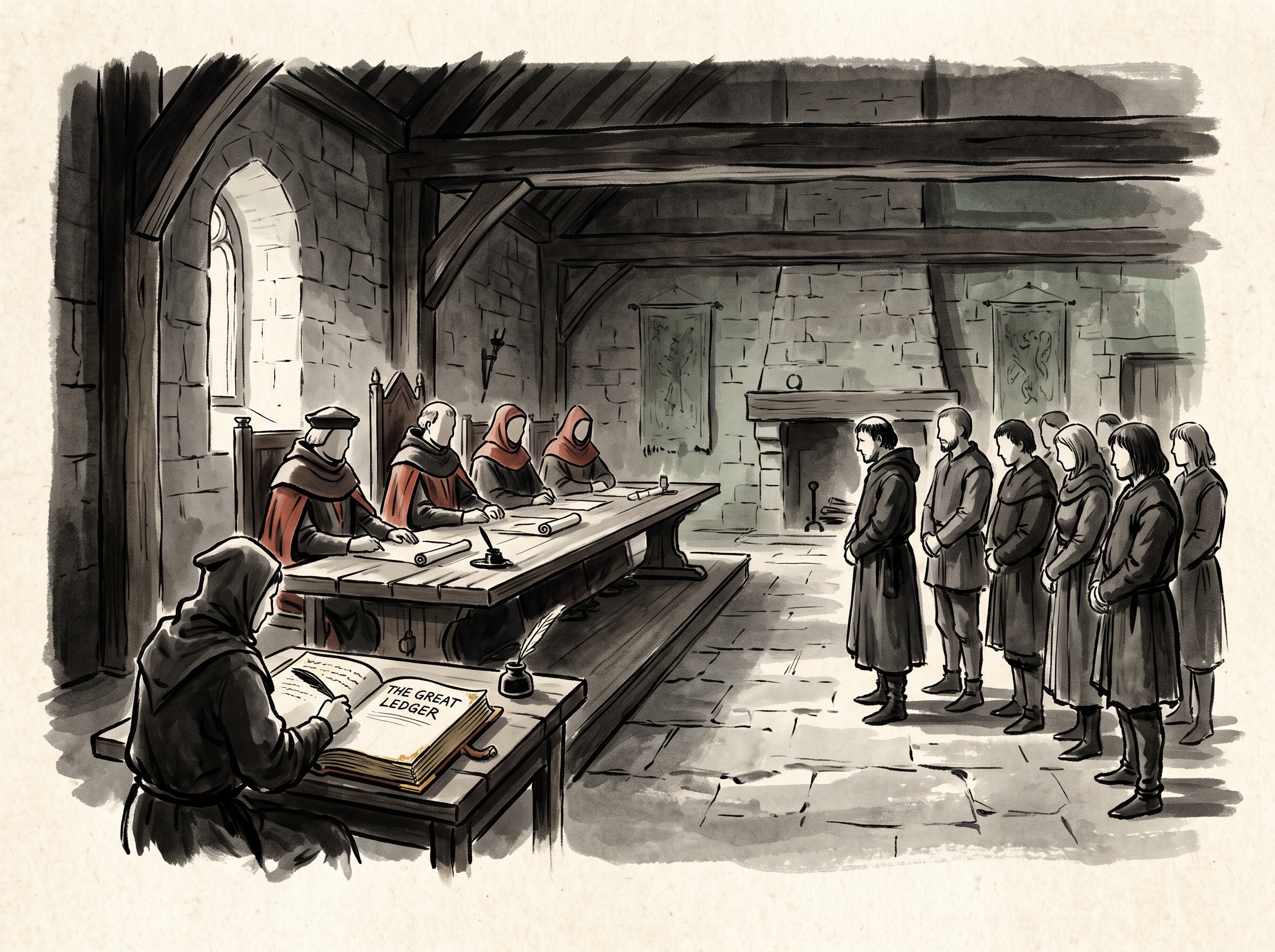 Ink-wash of medieval justices at a long table fining commoners while a clerk records the sums in a ledger