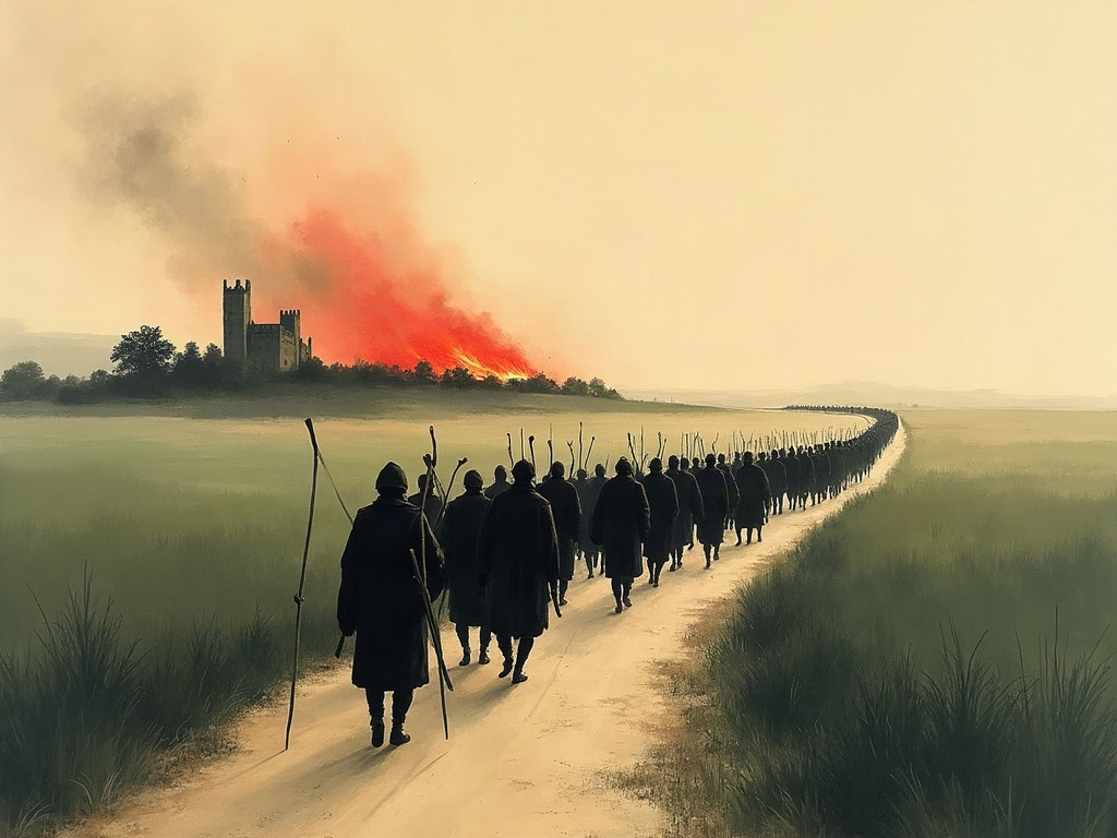 Ink-wash of an angry crowd of medieval commoners marching toward a walled city at dawn with a manor burning behind them