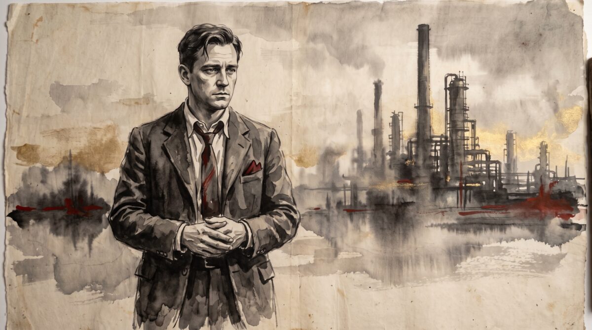 Painterly rice-paper portrait of a 1920s engineer against a faint industrial skyline