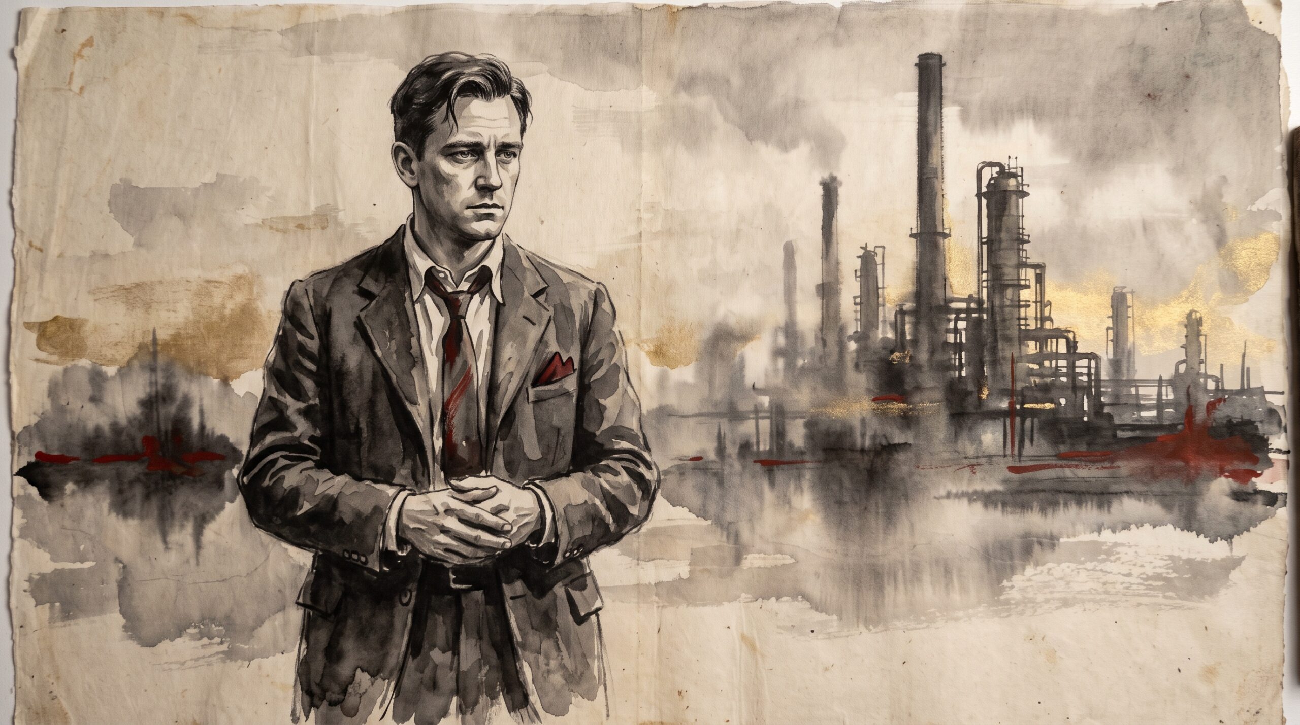 Painterly rice-paper portrait of a 1920s engineer against a faint industrial skyline