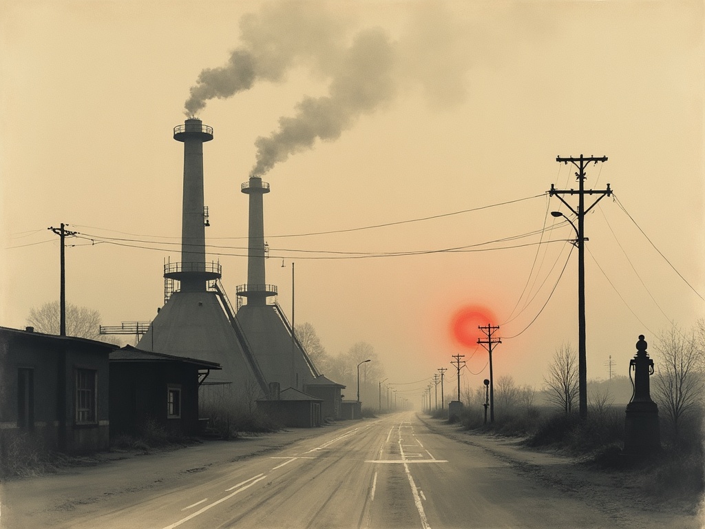Painterly scene of a 1920s refinery and fuel pump under a sickly haze