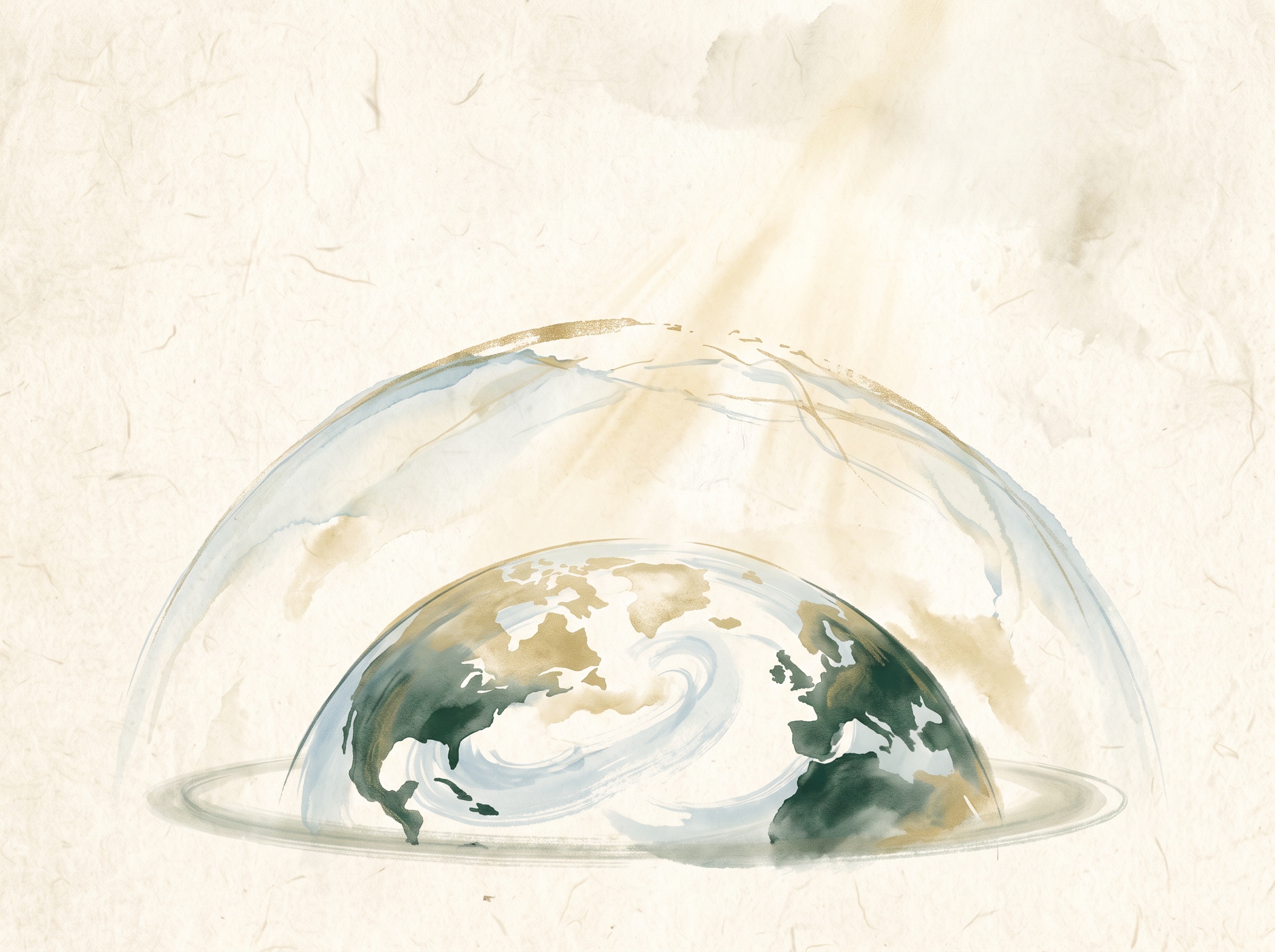 Sumi-e style illustration of a thinning protective layer above the Earth