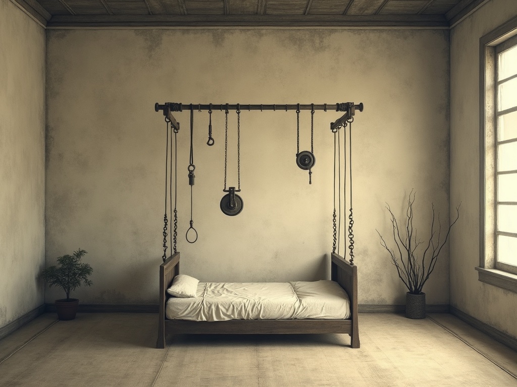 Melancholy still life of a 1940s bed rigged with ropes and pulleys