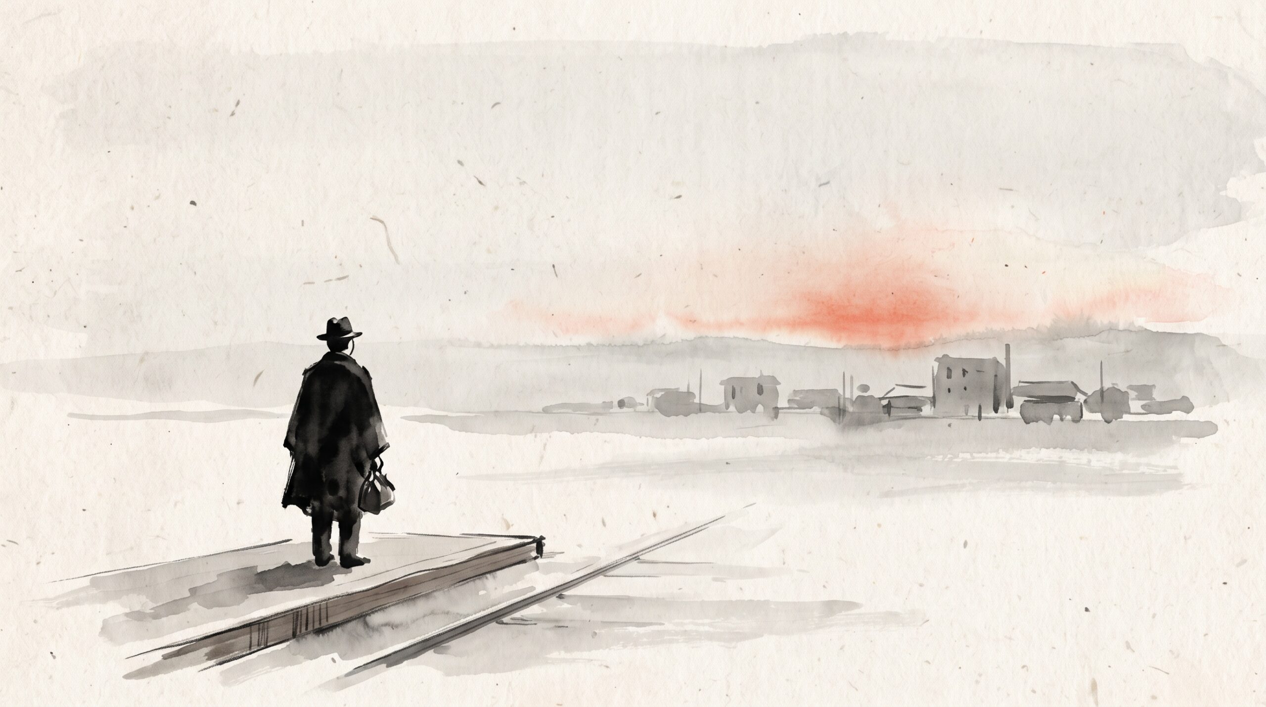A lone man on an empty tram platform at dawn as a pale flash blooms on the horizon, in sumi-e style