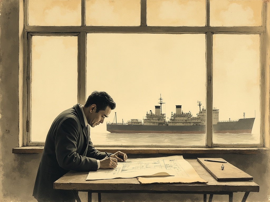 A draftsman bent over a large ship blueprint in a quiet 1940s office, in muted ink-wash style