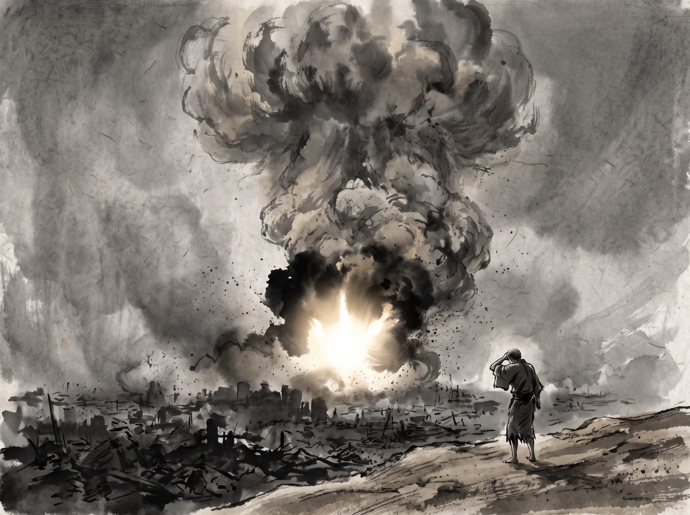 A vast column of smoke rising over a flattened city with a small figure shielding his face, in ink-wash style