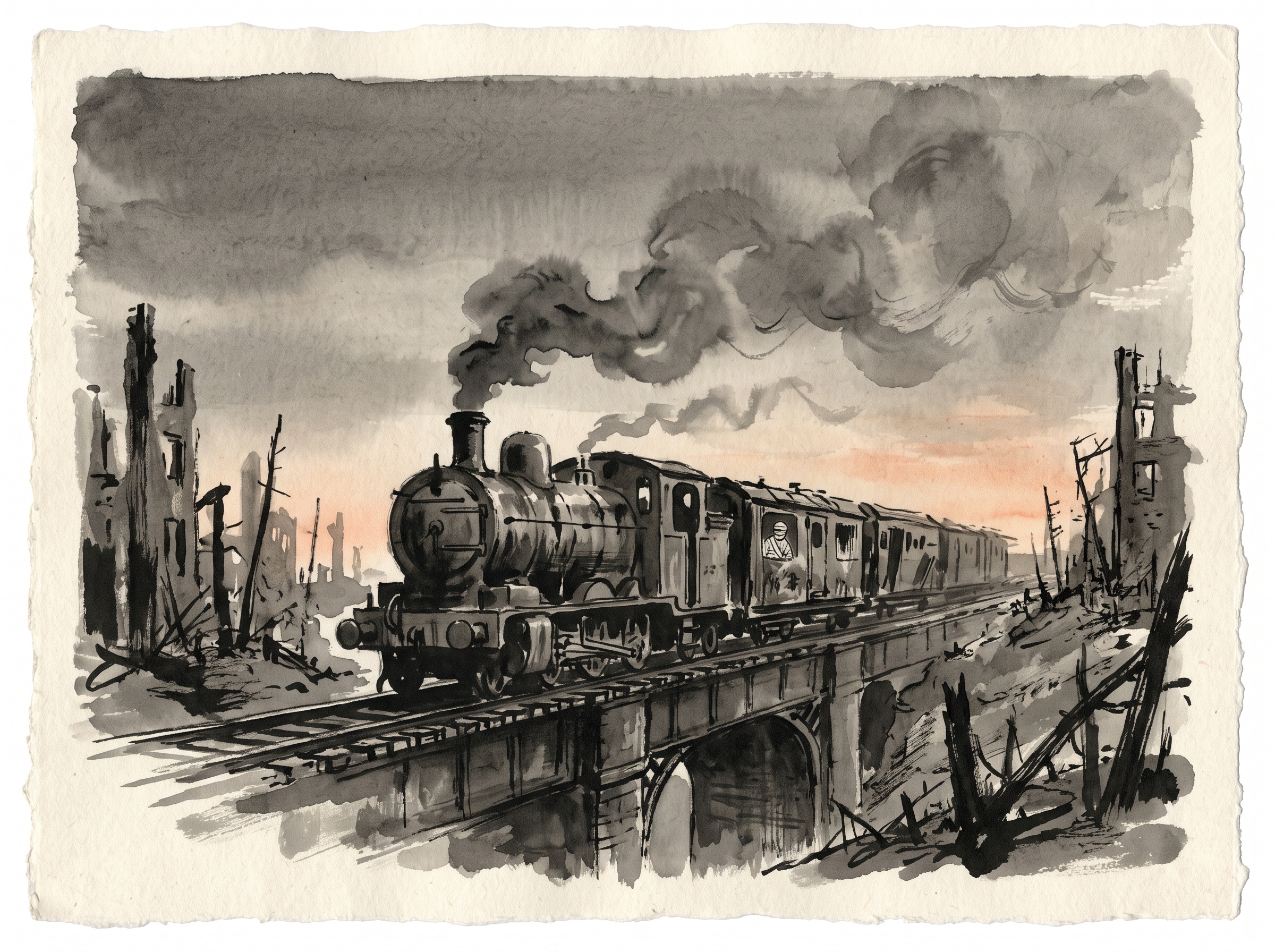 A steam train crossing a ruined smoking landscape at dusk with a bandaged passenger at the window, in sumi-e style