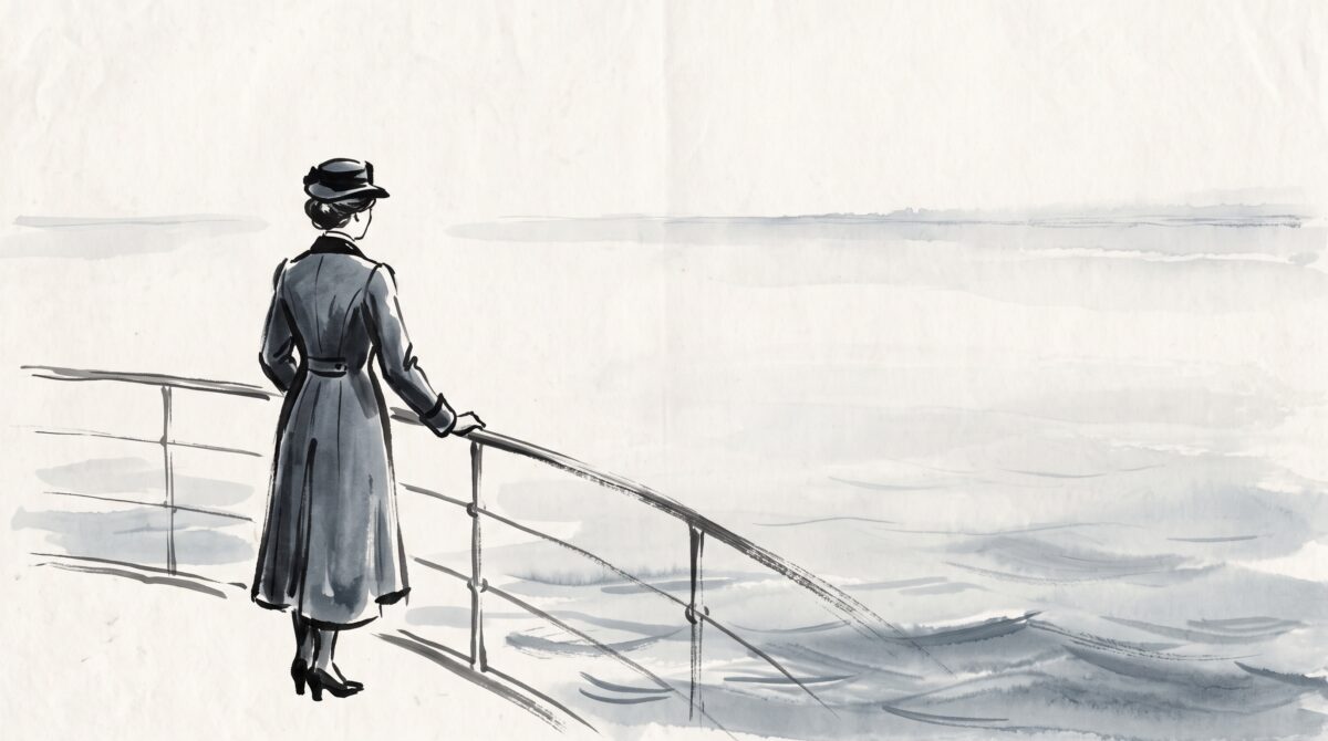 A woman in a dark coat standing alone at the rail of an ocean liner looking out to sea