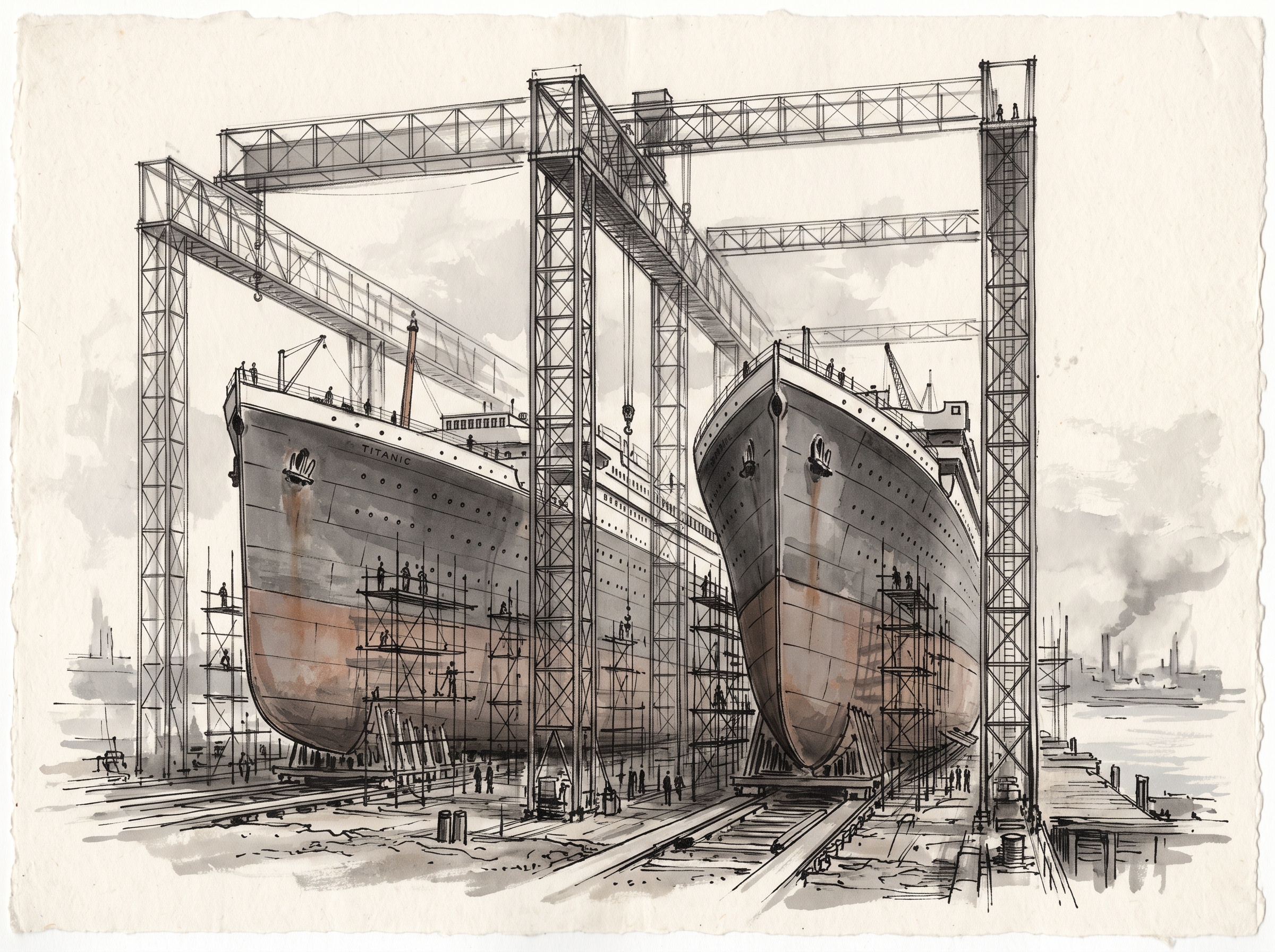Two vast ocean liners under construction beneath towering shipyard gantries