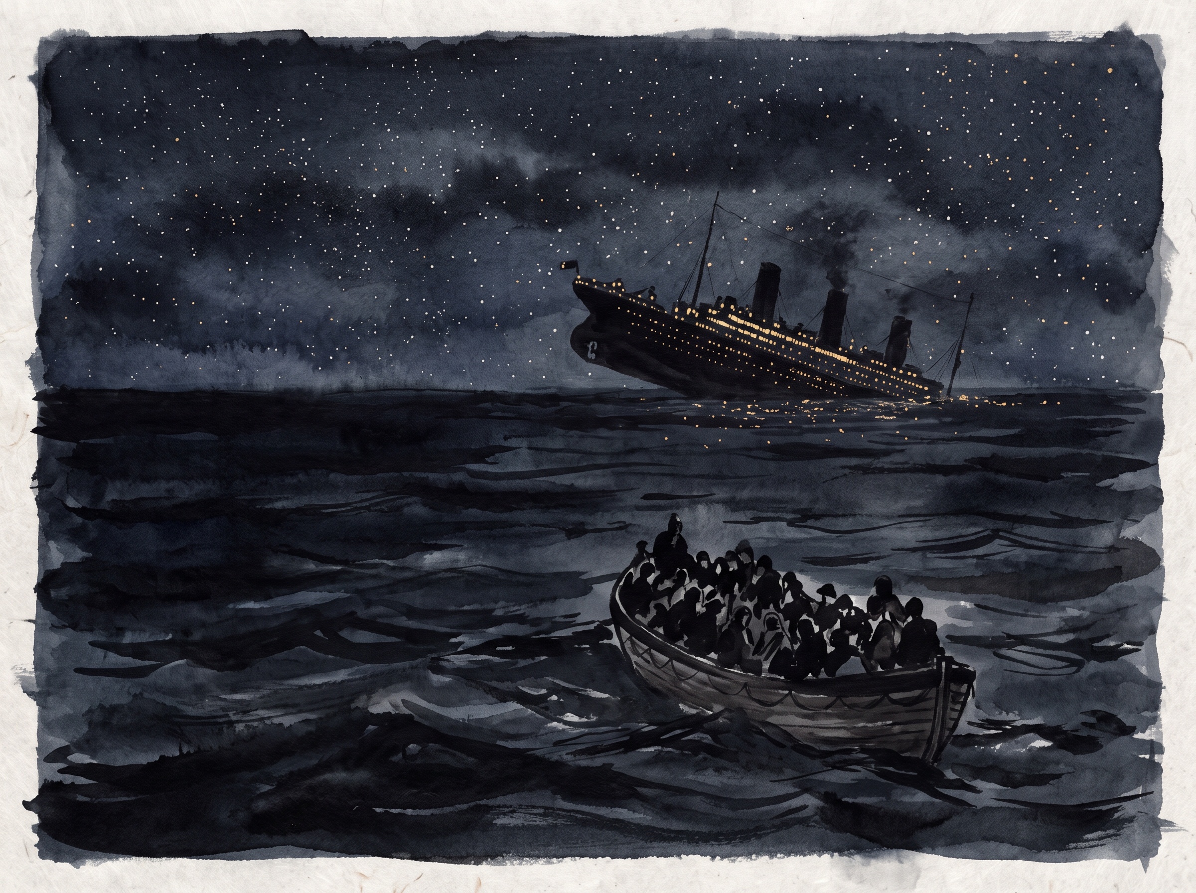 A crowded lifeboat on a dark sea with a distant sinking liner lit against the night
