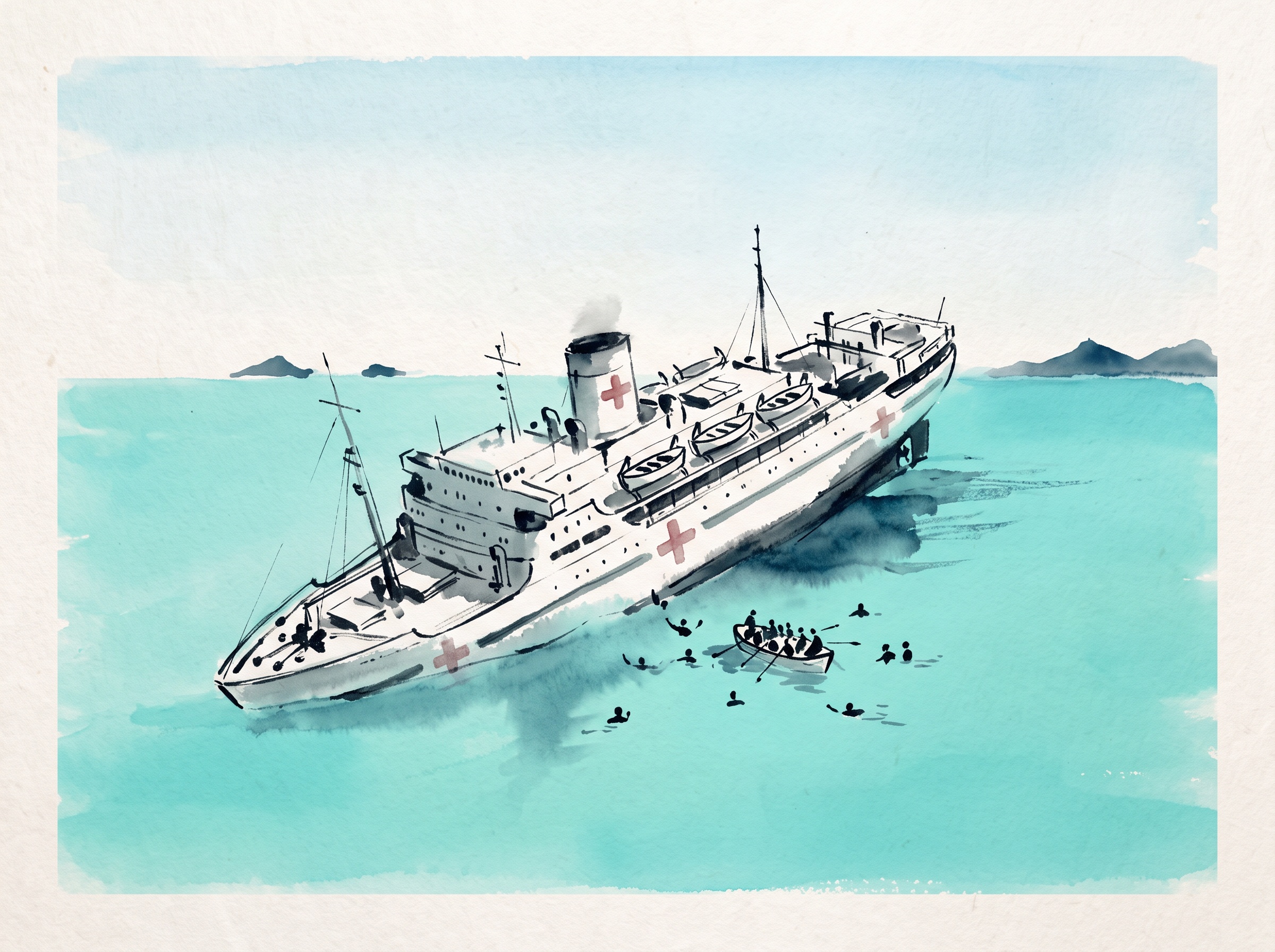 A white hospital ship listing into a bright blue sea with tiny figures in the water
